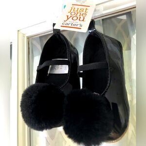 Carter’s 0-3 months black patent leather look shoes with big black puff pompoms